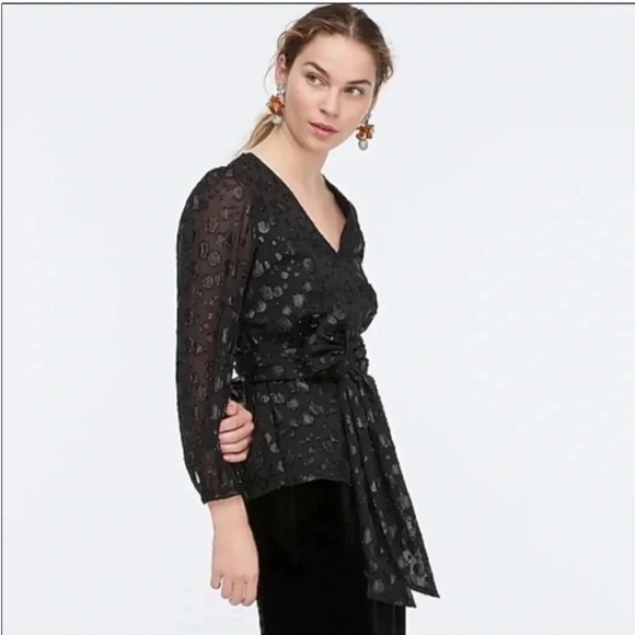 J. Crew Black Wrap Tie metallic dot Front Blouse - Picture 1 of 9